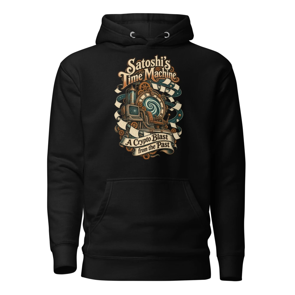 Satoshi’s Time Machine A Crypto Blast from the Past Hoodie in Black