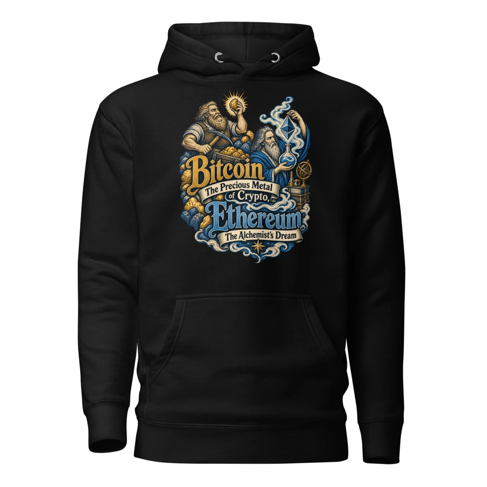 Bitcoin The Precious Metal of Crypto, Ethereum The Alchemist’s Dream Hoodie in Black