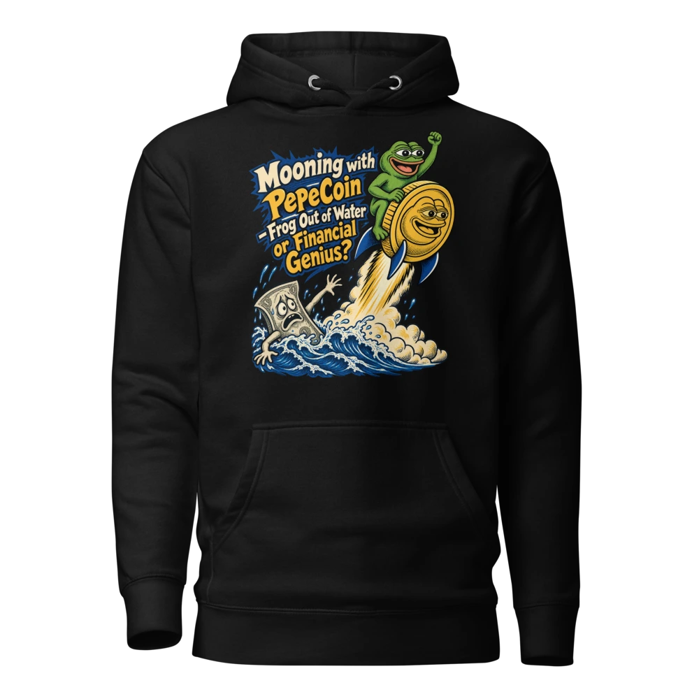 Mooning with PepeCoin – Frog Out of Water or Financial Genius? Hoodie in Black