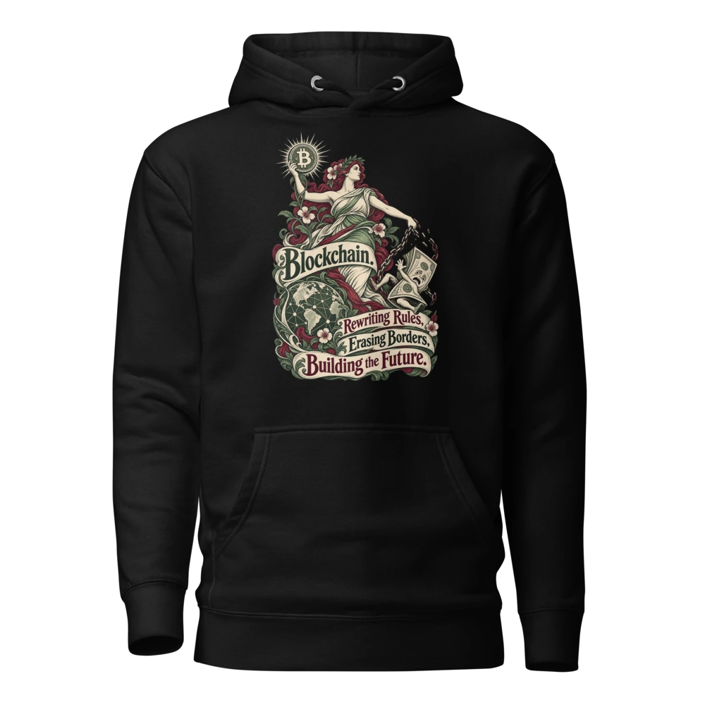 Blockchain. Rewriting Rules, Erasing Borders, Building the Future. Hoodie in Black
