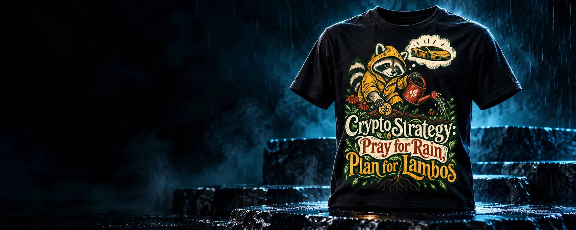 Black graphic tee in a cyan-lit studio — illustrative campaign mockup