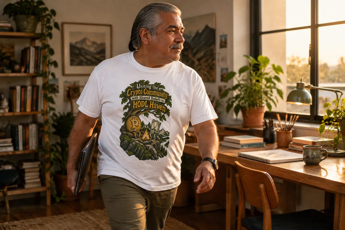 Uniting the Crypto Community with Shared Beliefs in HODL Haven T Shirt — an adult walking mid-stride, looking toward their destination in a home art desk, warm late-afternoon light. Candid editorial moment, varied camera height and framing; never a static front-on catalogue pose