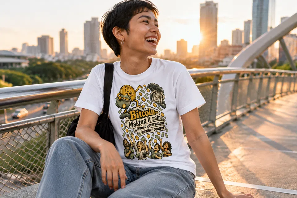 Bitcoin – Making it rain without government weather control T Shirt — an adult seated sideways, laughing at something outside the frame in a city footbridge, warm late-afternoon light. Candid editorial moment, varied camera height and framing; never a static front-on catalogue pose