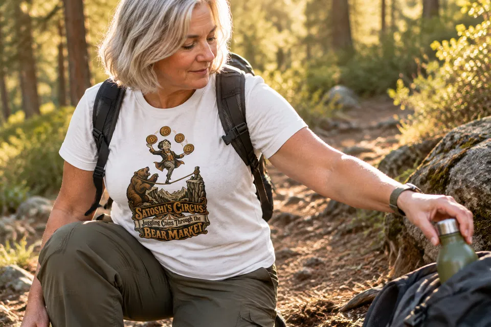 Satoshi’s Circus: Juggling Coins Through the Bear Market T Shirt — an adult reaching for an everyday object during a task in a woodland trail, warm late-afternoon light. Candid editorial moment, varied camera height and framing; never a static front-on catalogue pose