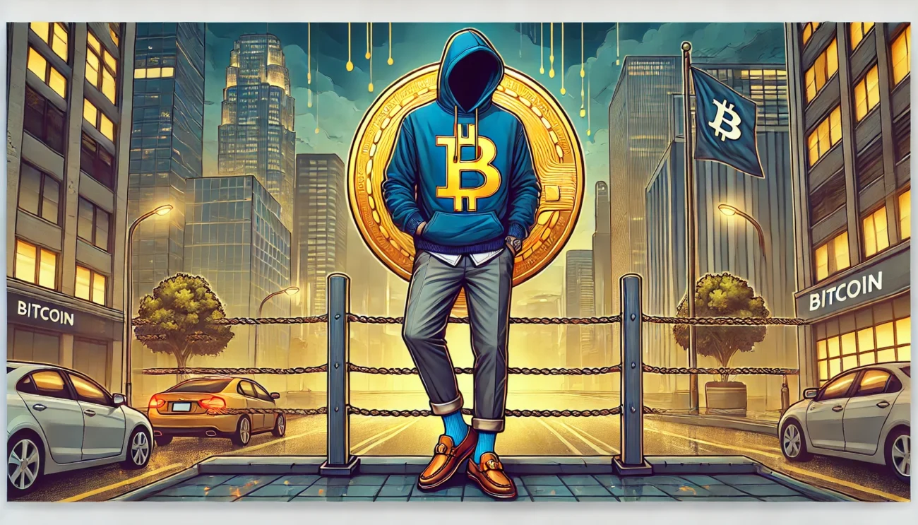 Bitcoin hoodie man leaning agents the railings 